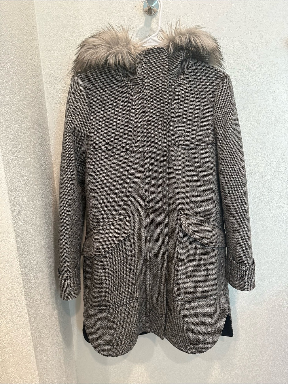 Ann Taylor Womens Gray Wool-Blend Hooded Coat with Faux Fur Trim